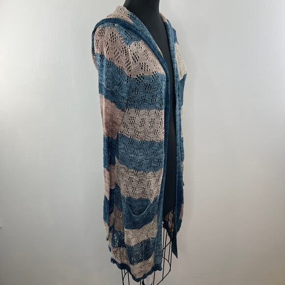 Anthropologie MOTH Open-Knit Linen Tan/Blue Stripe Hooded Midi Cardigan Duster S - Picture 4 of 9